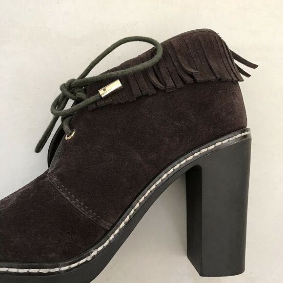Tory Burch Hilary Suede Fringe Fur Lined Lace Up Chunky Booties FLAW - Picture 7 of 11